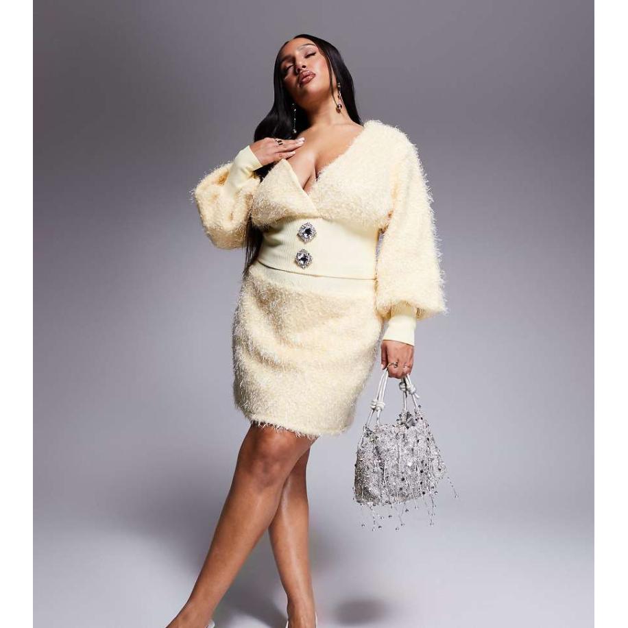 ASOS LUXE Curve Rok met pluizige textuur in lichtgeel, deel van co-ord set Geel
