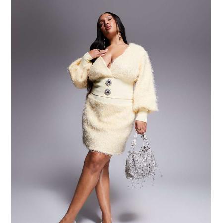 ASOS LUXE Curve Rok met pluizige textuur in lichtgeel, deel van co-ord set