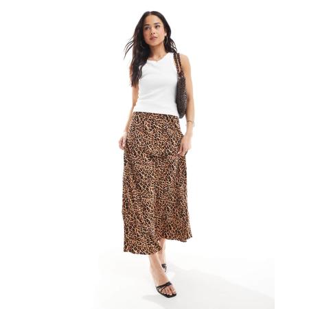 Pieces Matte satijnen midirok in luipaardprint-Veelkleurig