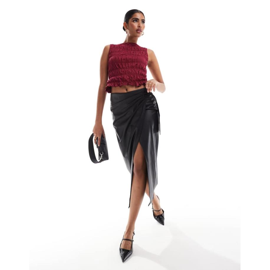 Miss Selfridge Midi rok van imitatieleer met overslag-Zwart Zwart