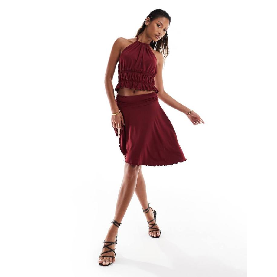 ASOS DESIGN Gesmokte asymmetrische rok in wijnrood, deel van co-ord set Rood