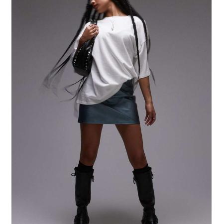 Topshop Petite Korte mini rok van imitatieleer met panelen en naden in metallic donkerblauw