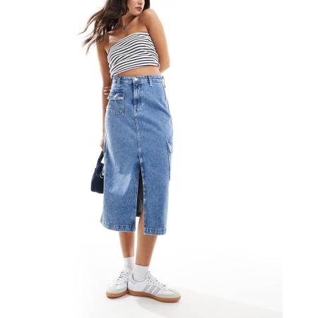 Tommy Jeans Claire Midi utility rok van denim in mid-wash-Blauw