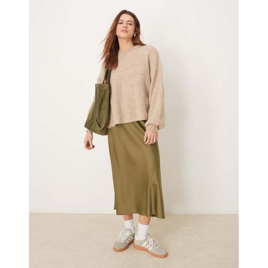 YAS Satijnen midi rok in olijfgroen Groen