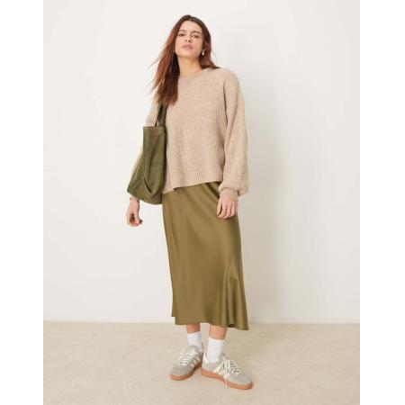 YAS Satijnen midi rok in olijfgroen