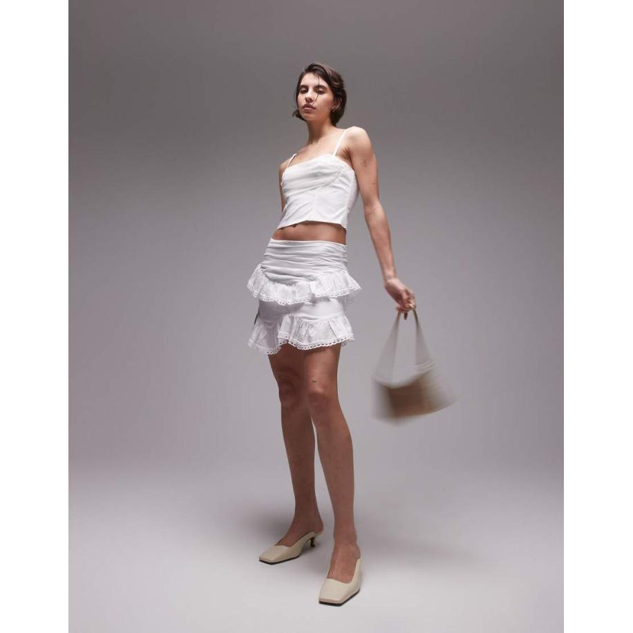 SNDYS Minirok met ruches en randen van broderie in wit Wit