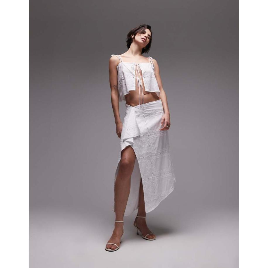 SNDYS Midaxi-rok van katoen met borduurwerk en gedrapeerd detail in wit, deel van co-ord set Wit