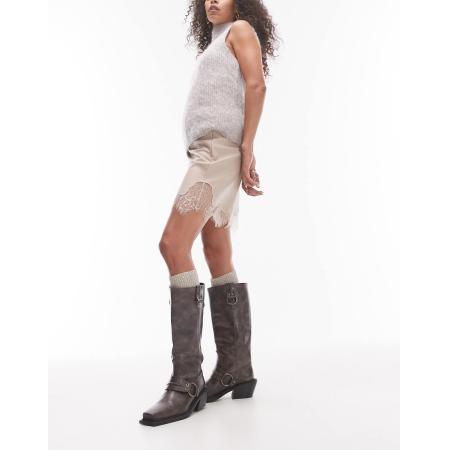 Topshop Minirok van imitatieleer met kanten zoom in bruingrijs