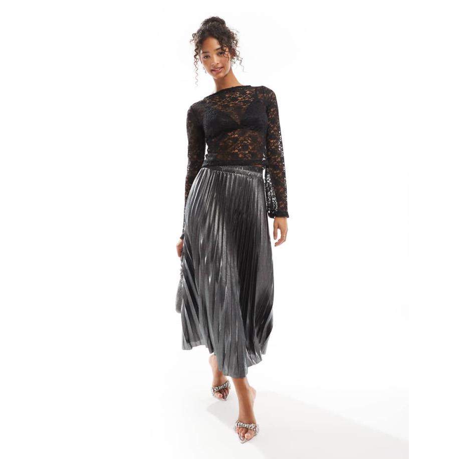 ONLY Geplooide maxi rok in grijs metallic Grijs