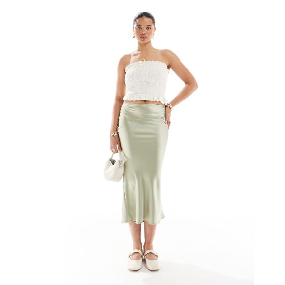 New Look Schuingesneden satijnen midi rok in saliegroen Groen