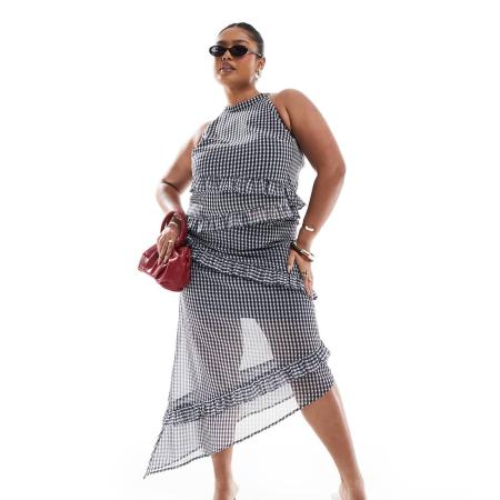 Renee Studio Exclusive Geruite midi-rok met asymmetrische ruches in grijs, deel van co-ord set-Veelkleurig