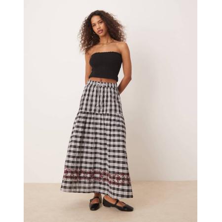 Neon Rose Midaxi rok met gingham ruit en geborduurd detail in grijs
