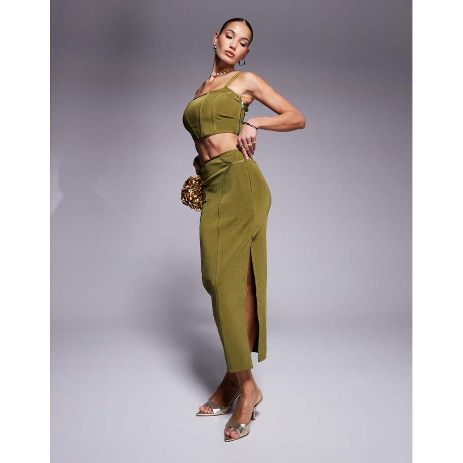 ASOS DESIGN Bandage midi rok met naden in olijfgroen, deel van co-ord set Groen