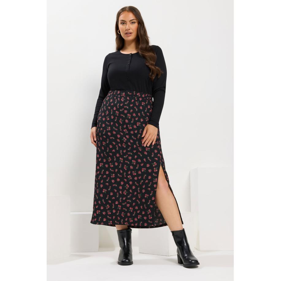 Yours Curve Zwarte Midirok Met Rozenprint En Textuur Size 66-68 Zwart
