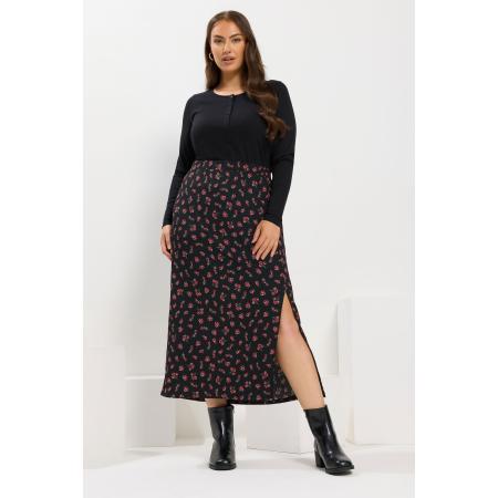 Yours Curve Zwarte Midirok Met Rozenprint En Textuur Size 66-68