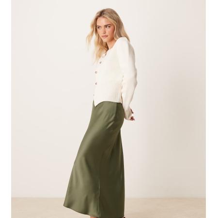 New Look Petite Satijnen midi rok in kaki-Groen