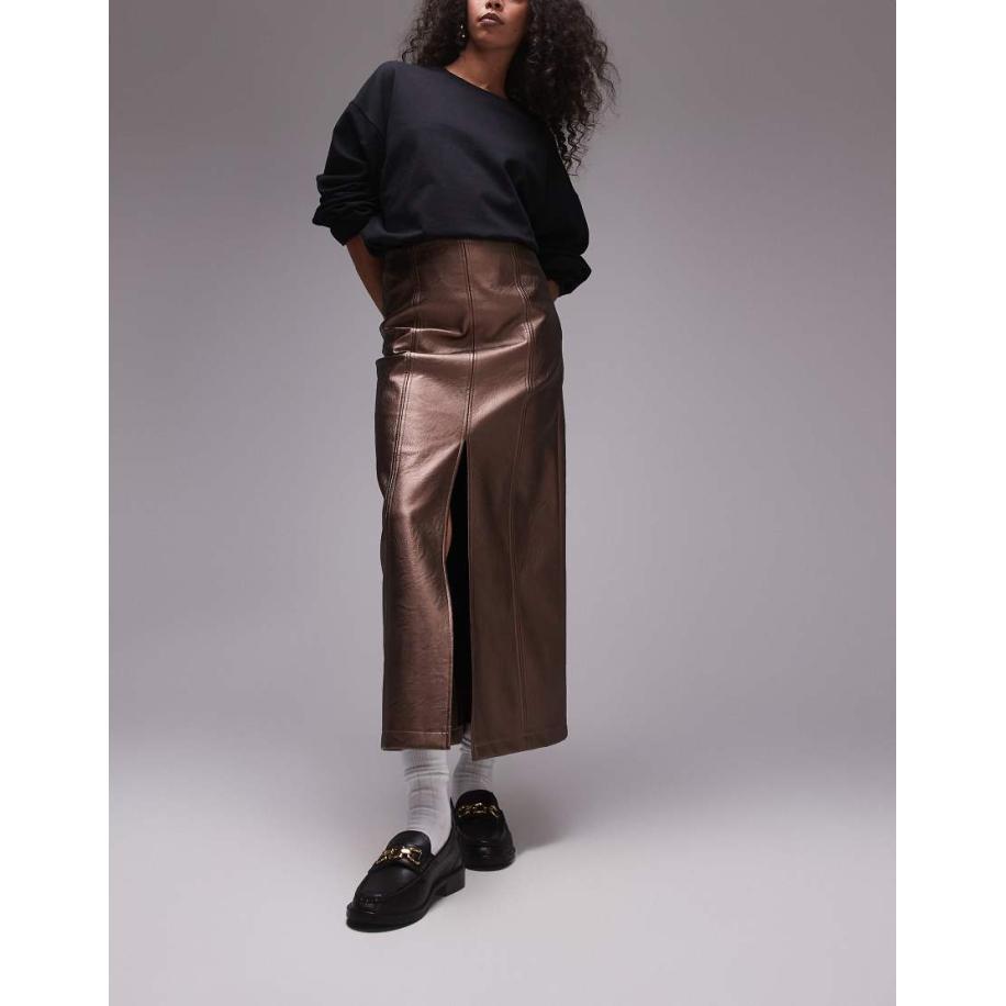 Topshop Midirok van imitatieleer met split in metallic bronskleur-Goud Goud