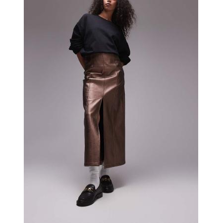 Topshop Midirok van imitatieleer met split in metallic bronskleur-Goud