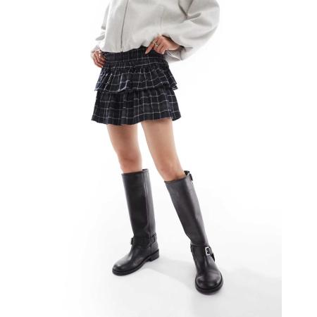 Stradivarius STR Geruite skort met ruches in marineblauw-Veelkleurig