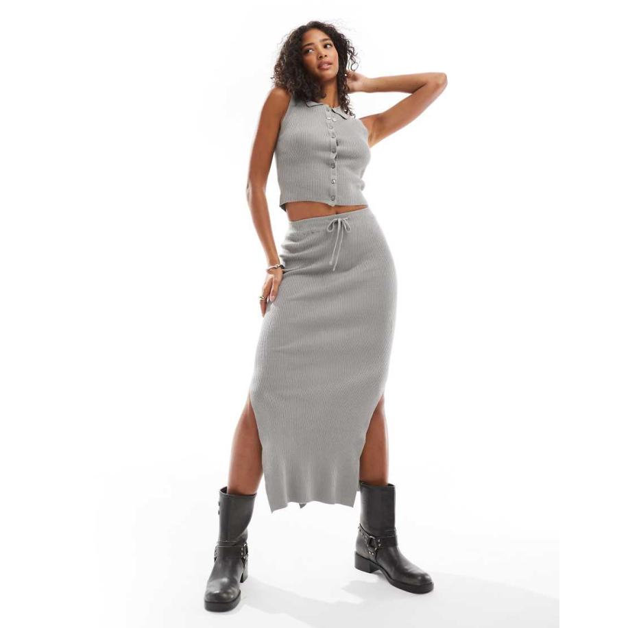 Wednesday's Girl Losse, fijngebreide midaxi rok in lichtgrijs, deel van co-ord set Grijs