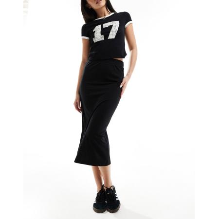 Pieces Geribbelde rechte midi rok in zwart