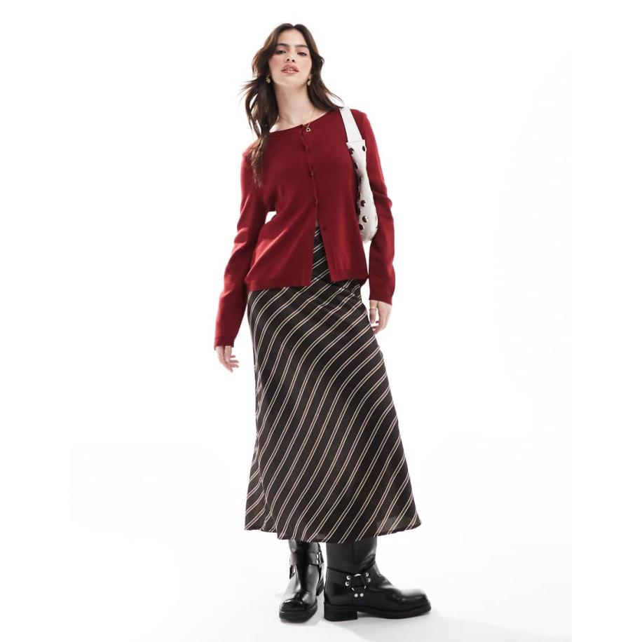 Wednesday's Girl Schuingesneden satijnen midi-rok met strepen in bruin Bruin