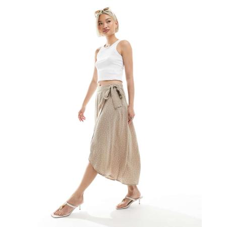 Pieces Midi rok met overslag in beige met stippenprint-Neutraal