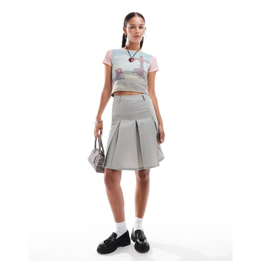 Daisy Street Rok met jaren 90-lengte en halfhoge taille in schoolgrijs Grijs