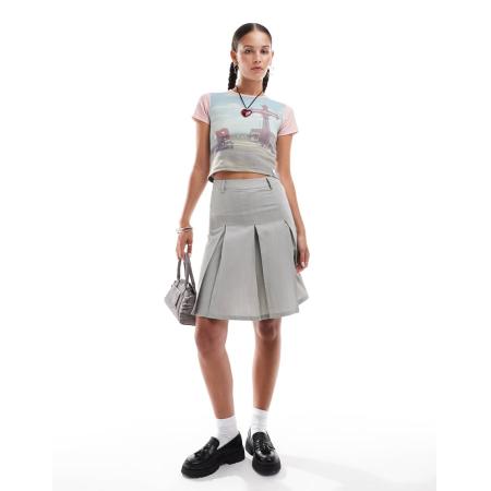 Daisy Street Rok met jaren 90-lengte en halfhoge taille in schoolgrijs
