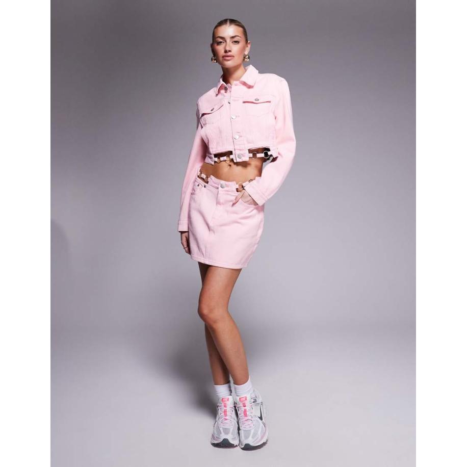 Liquor N Poker Denim mini rok met tailleband met metalen detail in roze acid wash Roze