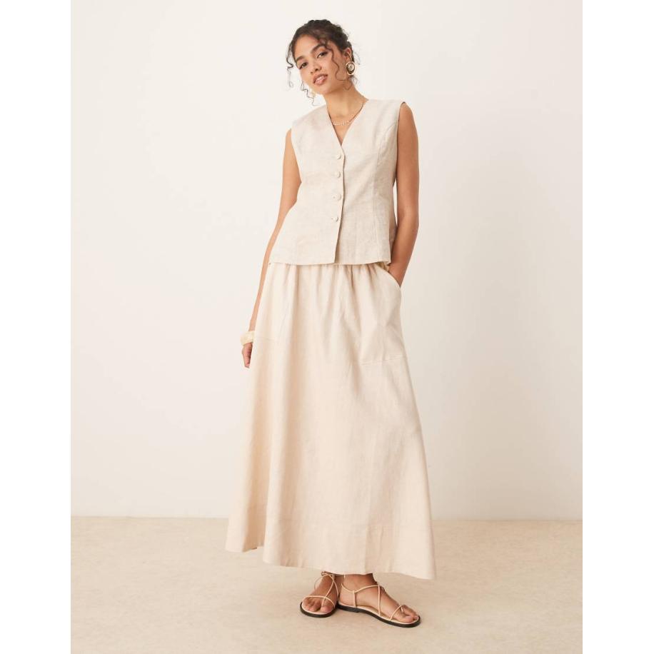 YAS Volle midi rok van linnenmix in berkencrème-Wit Wit