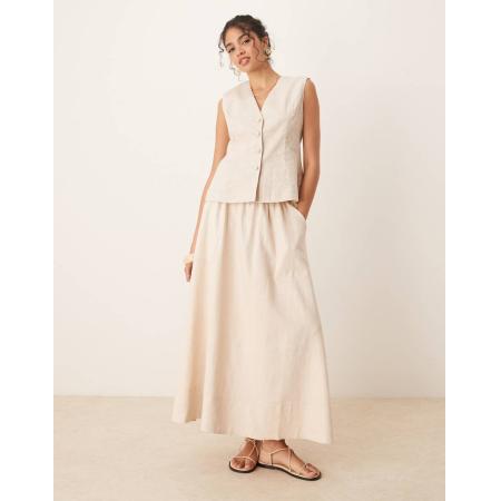 YAS Volle midi rok van linnenmix in berkencrème-Wit