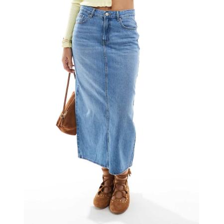 ONLY Denim midi rok met split aan de achterkant in middenblauw