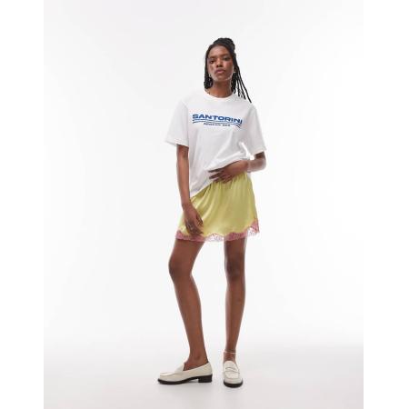 Topshop Satijnen kanten petticoat mini rok in limoengroen met roze kant