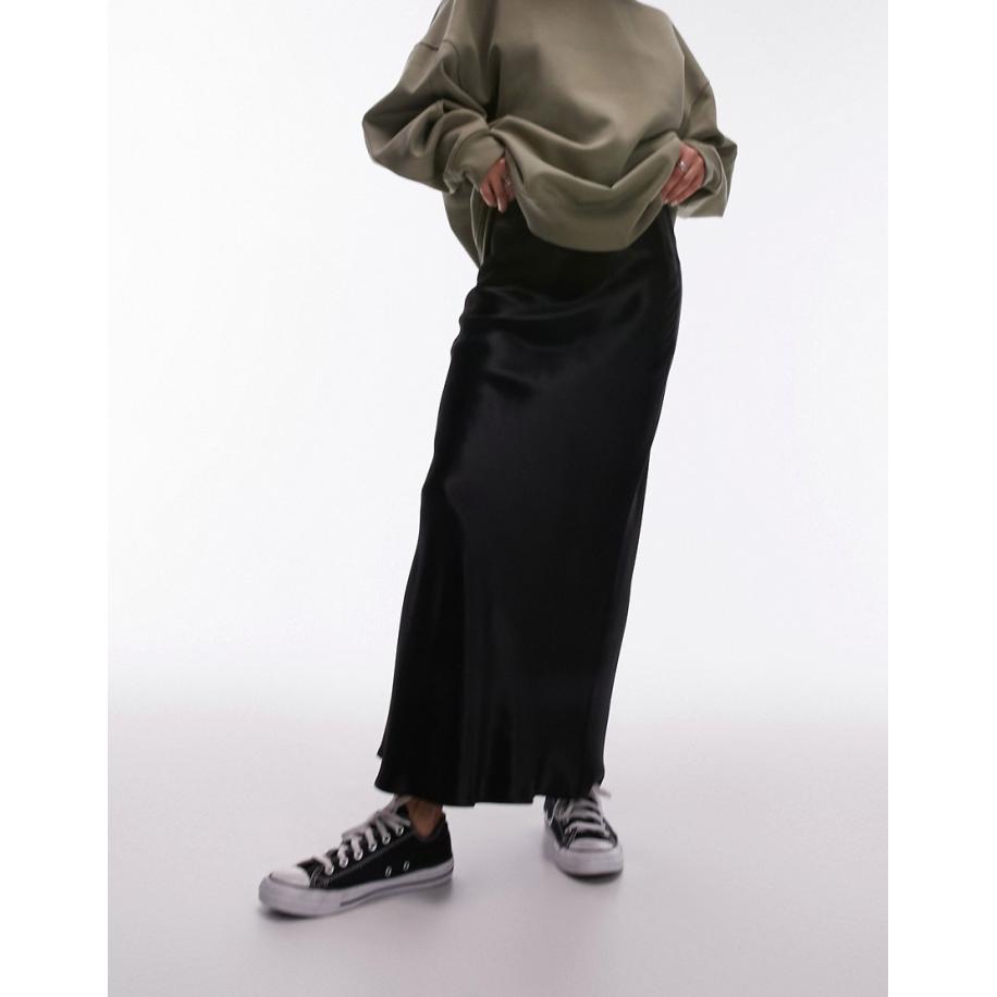 Topshop Satijnen midirok met ongelijke zoom in zwart Zwart