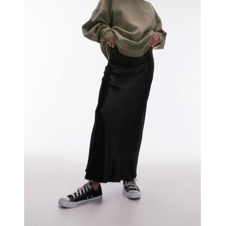 Topshop Satijnen midirok met ongelijke zoom in zwart