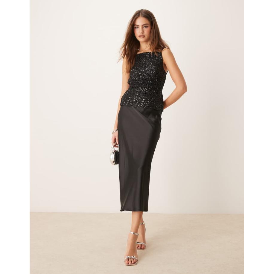 Gina Tricot Satijnen midi rok in zwart Zwart