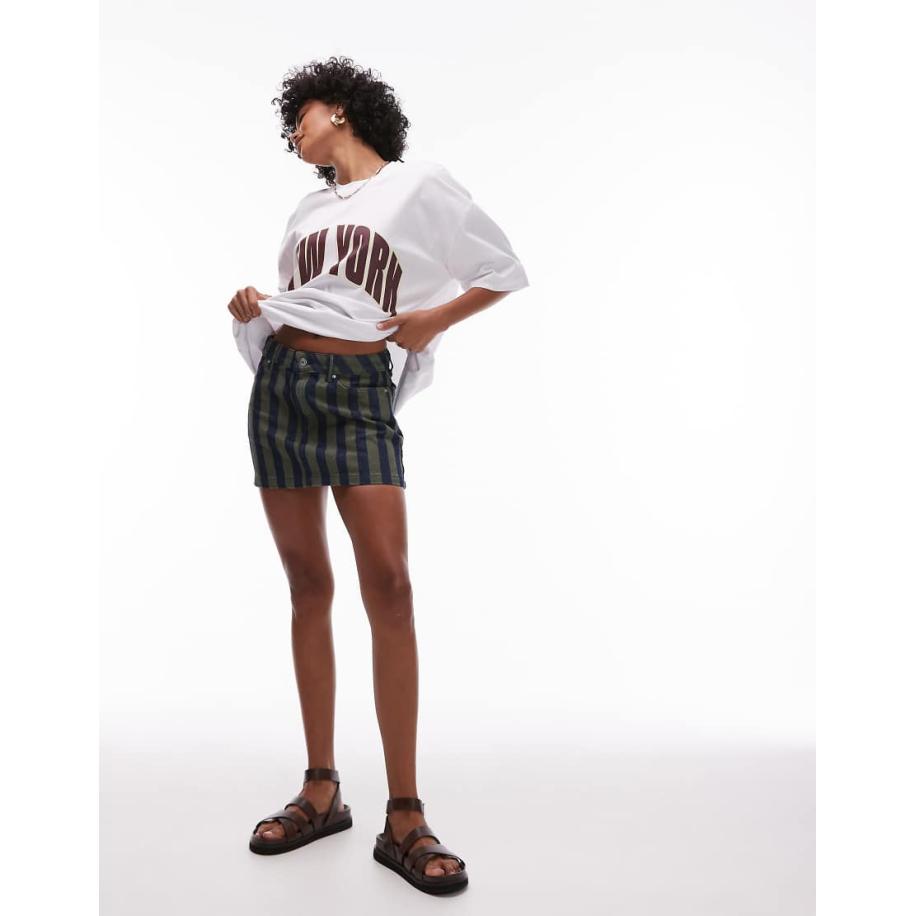 Topshop Gestreepte denim peplum mini rok in kaki-Veelkleurig Multicolor