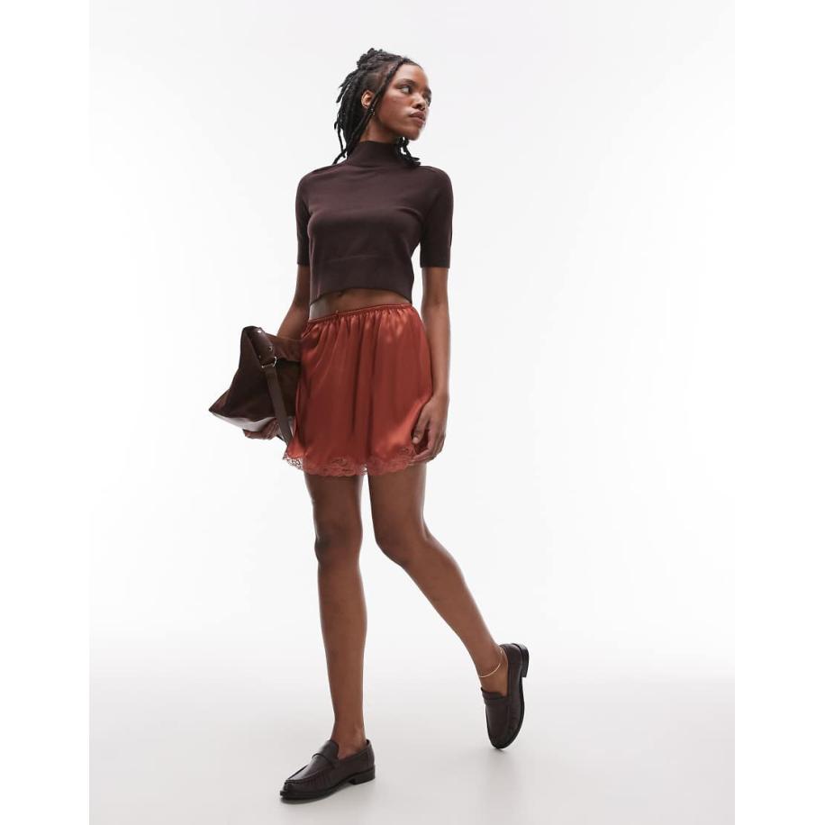 Topshop Satijnen mini petticoat-rok met kant in rood-Oranje Oranje