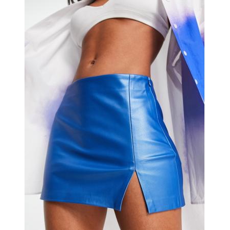 Topshop Micro mini rok met leerlook en split in blauw