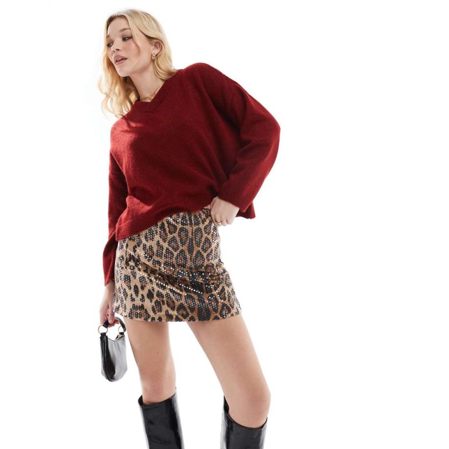 Threadbare Minirok met luipaardprint en lovertjes-Bruin Bruin