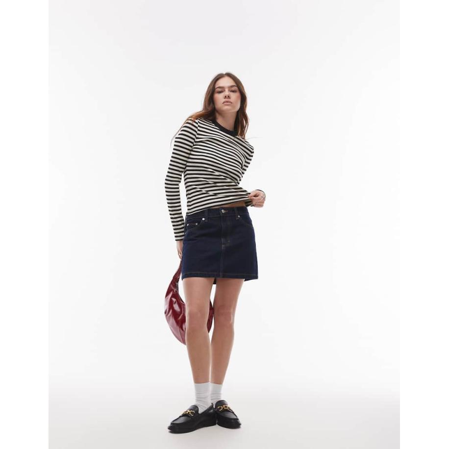 Topshop Korte denim minirok in indigo met onbewerkte look-Blauw Blauw