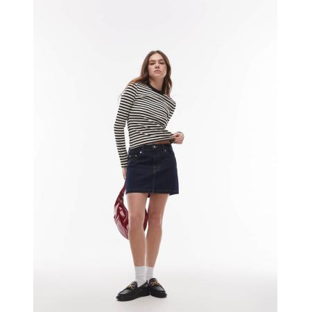 Topshop Korte denim minirok in indigo met onbewerkte look-Blauw