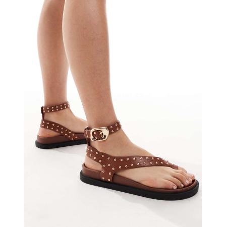 London Rebel Platte teensandalen met studs in bruin