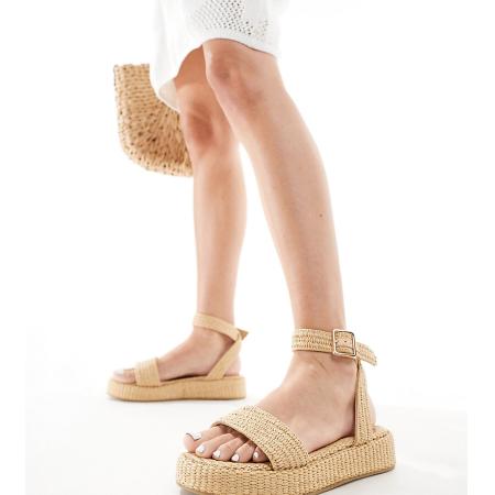 Truffle Collection Brede Pasvorm Raffia sandalen met enkelbandje in naturel-Neutraal