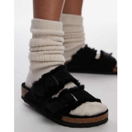 Birkenstock Arizona Uniseks sandalen van zwart suède met schapenvacht