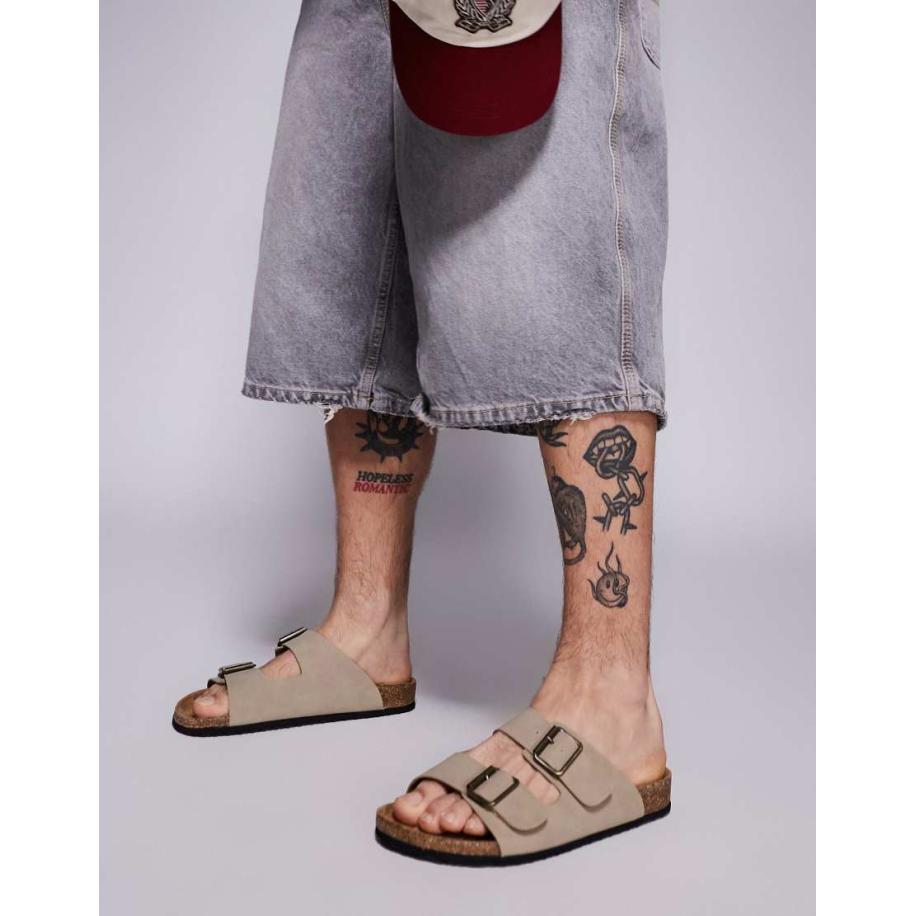 ASOS DESIGN - Sandalen met twee bandjes en kurkzool in stone-Neutraal Multicolor