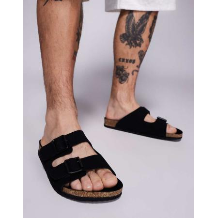 ASOS DESIGN - Sandalen met twee bandjes en kurkzool in zwart