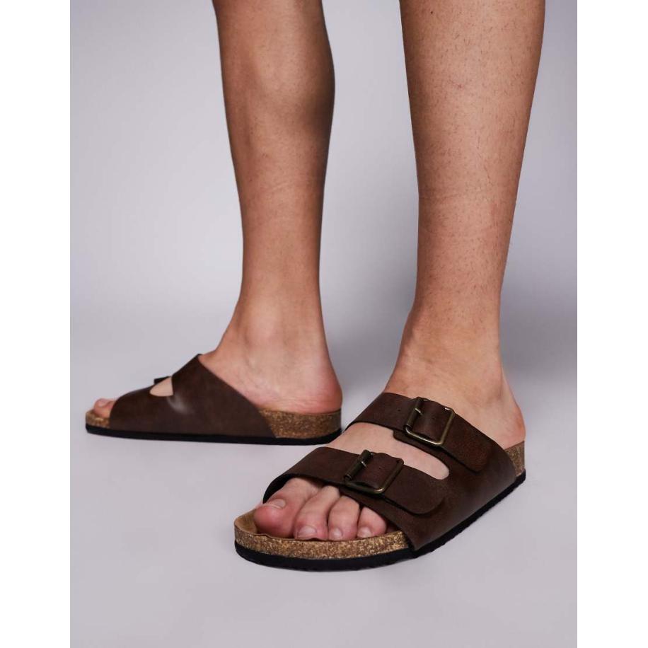 ASOS DESIGN - Sandalen met twee bandjes en kurkzool in bruin Bruin