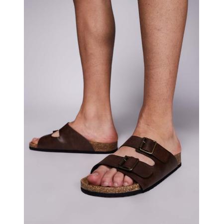 ASOS DESIGN - Sandalen met twee bandjes en kurkzool in bruin